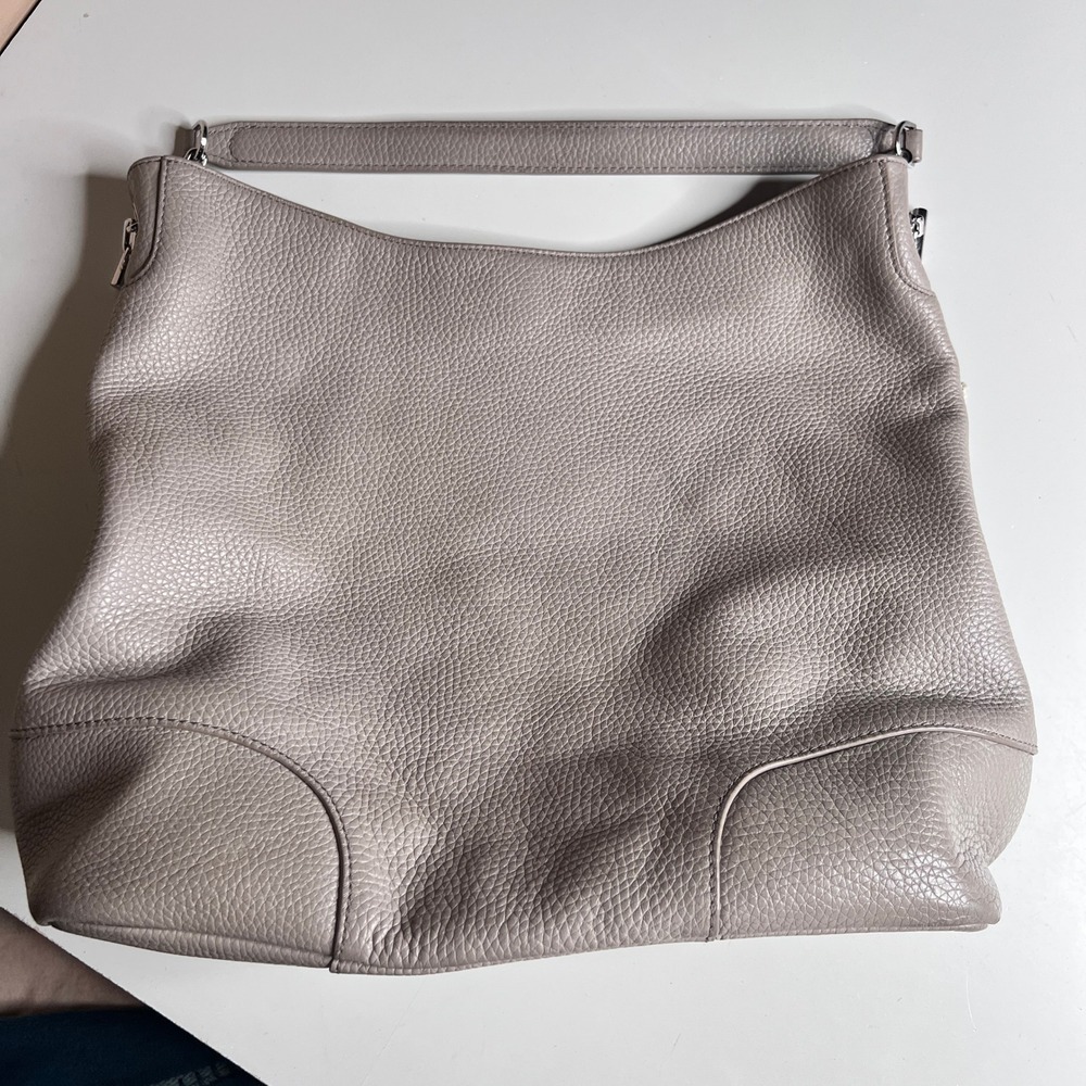 Tory Burch Pebbled Leather Hobo Shoulder Bag Taupe Grey Slouchy Tote